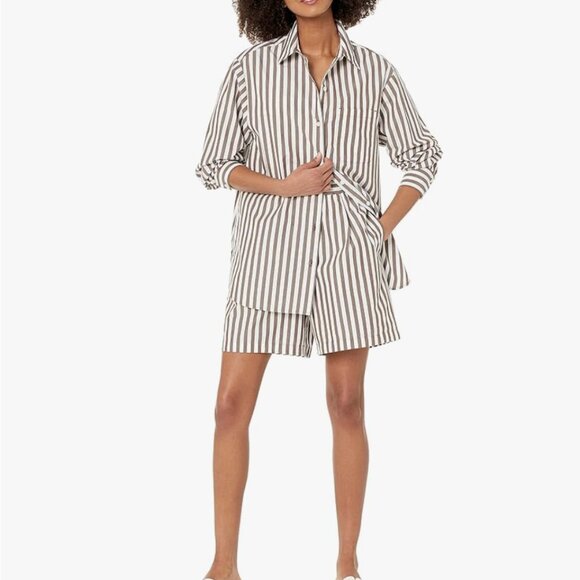NWT The Drop Women's Kendra Loose Fit Long Shirt, Coffee Bean Stripe, XL - Picture 2 of 5